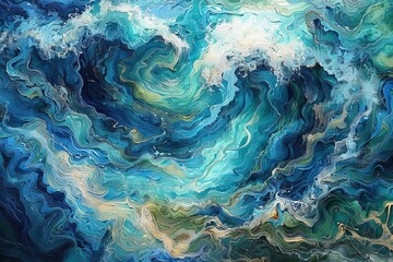 Abstract ocean-inspired painting with vibrant blue and turquoise swirling waves, capturing the dynamic energy of the sea.