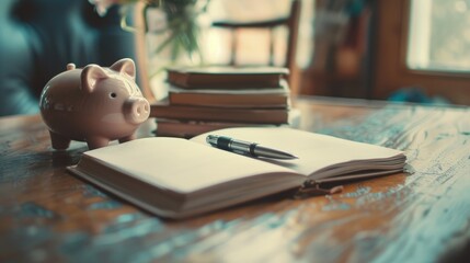 Memory book pen piggy bank on table for inspiration and achievement