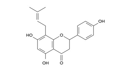 8-prenylnaringenin molecule, structural chemical formula, ball-and-stick model, isolated image 8-pn