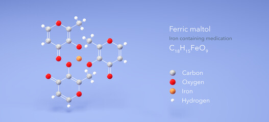 ferric maltol molecule, molecular structure, iron containing medication, 3d model, Structural Chemical Formula and Atoms with Color Coding