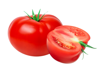 Tomato vegetables isolated on white or transparent background. One whole tomato and cut half