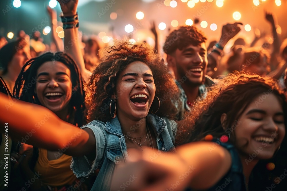 Wall mural diverse, energetic group of millennials dancing with joy and excitement at a lively music festival, 