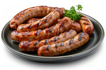 Fototapeta premium Plate of Grilled Sausages Isolated on a white Background 