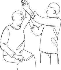 One continuous single drawing line art flat doodle medical, rehabilitation, adult, treatment, patient, physiotherapy, osteopath, old. Isolated image hand draw contour on a white background
