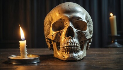 A skull with a lit candle, symbolizing mortality, on a table.