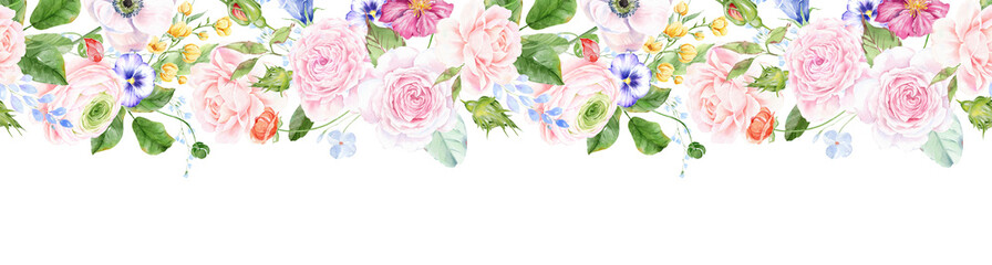 Watercolor floral border with pink roses flowers and green leaves, bright gardening flowers seamless border, gentle watercolor floral border, spring summer watercolor flowers. packaging, scrapbooking
