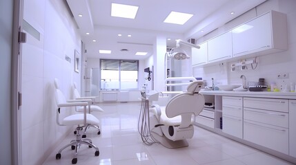 Bright and clean dental clinic interior with modern equipment and decor
