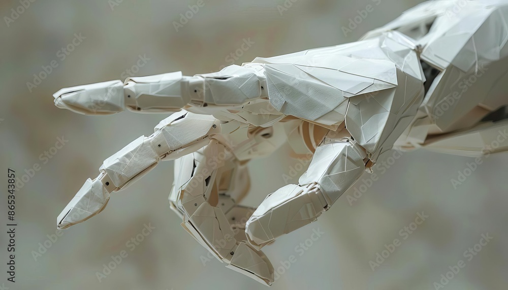 Poster close-up of a white robotic hand with intricate details, symbolizing advanced technology and artific