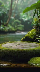 empty stone podium on tropical forest and river background, copy space, vertical