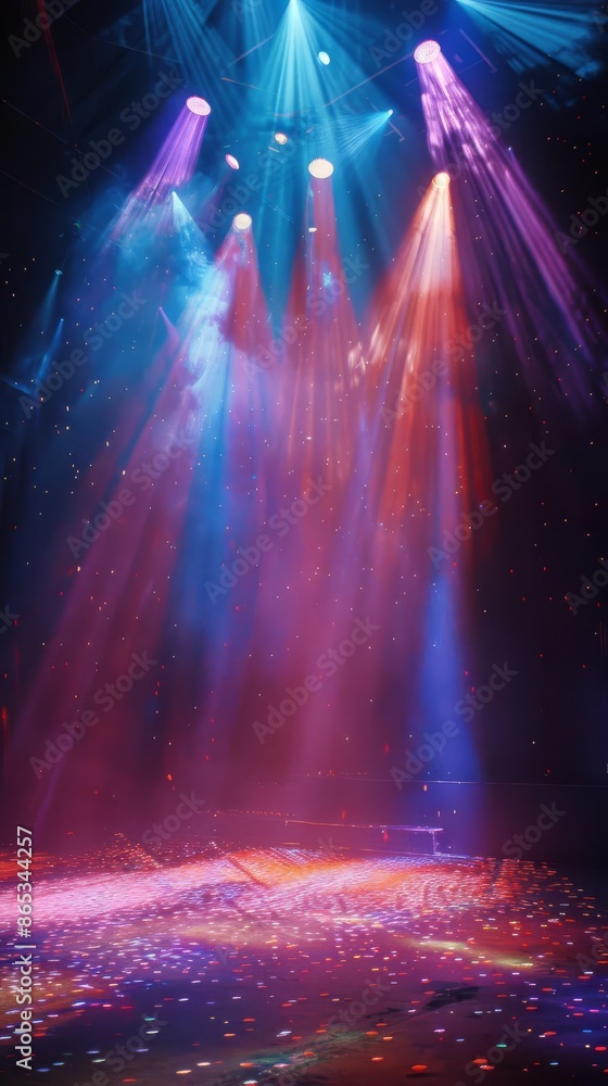 Poster vibrant stage lighting with colorful beams and a smoky atmosphere, creating a captivating and dynami