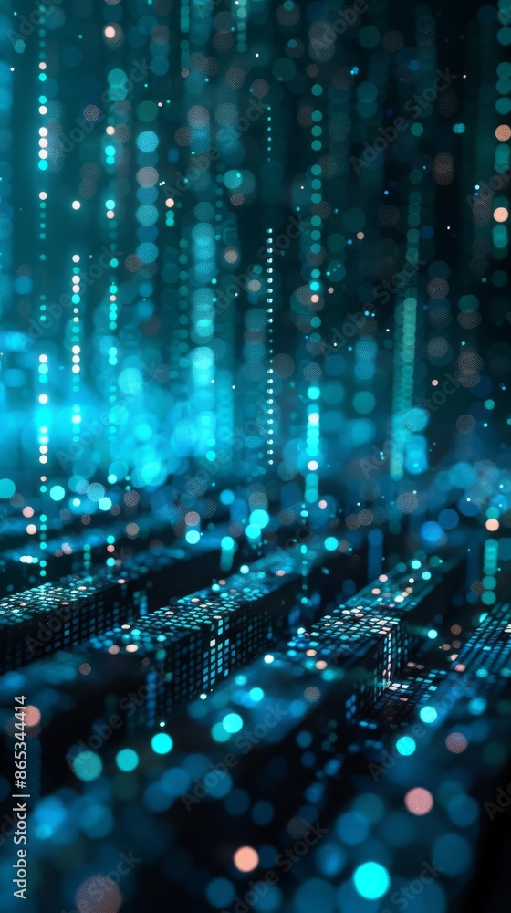 Poster abstract digital data visualization with a futuristic, glowing blue light effect representing techno