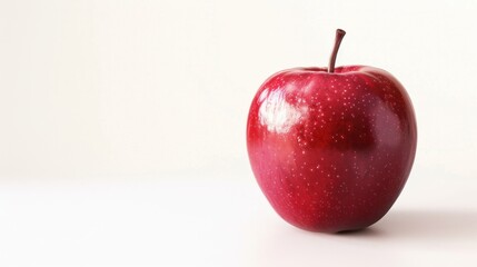 A photorealistic image of a single ripe red apple, isolated on a clean white background. The apple is perfectly round and symmetrical, with a deep, vibrant red color and a shiny, glossy skin.