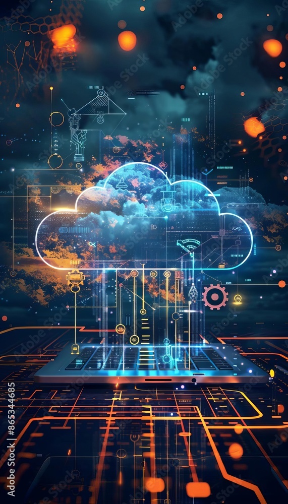 Poster futuristic cloud computing concept with digital connections, highlighting advanced technology and in