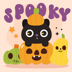 halloween cat with pumpkin spooky card