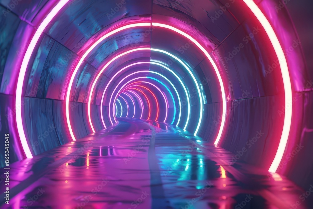 Wall mural futuristic 3d rendered geometric neon tunnels creating an immersive and psychedelic visual experienc