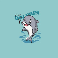 Vector illustration cute cartoon dolphin jumping out of the sea.