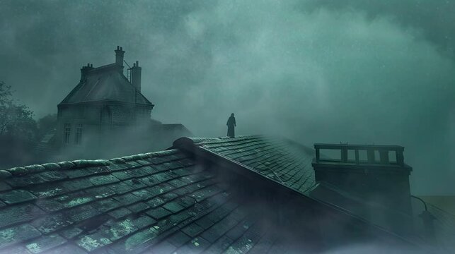 the haunted rooftop, you notice a spectral figure lingering near the edge. Seamless looping time-lapse virtual 4k video animation background