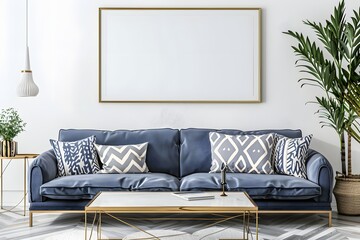  Mock up blank painting frame in living room with minimal boho, wabi sabi interior design with neutral white and grey neutral color theme, background, wallpaper