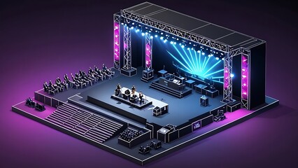 Isometric 3D illustration of a concert stage with lights, sound equipment and an audience.