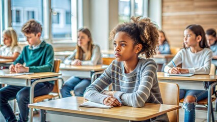 Focused Student in Classroom: A student sitting attentively in a classroom setting, focusing on the lesson.	
