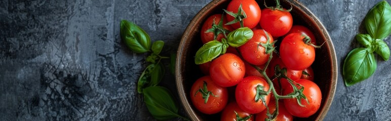 Fresh Red Tomatoes with Basil Leaves