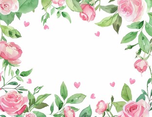 This watercolor frame is isolated on a white background and features green leaves, flowers and hearts.