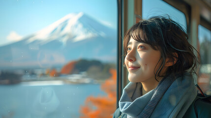 Young pretty woman traveling by the train from sitting near the window and looking mountain Fuji. vintage filter. Travel concept