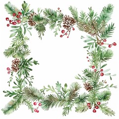 Framed with watercolor snowflakes, berries and fir branches.