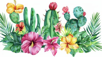 An isolated white background with watercolor tropical flowers and cacti for a modern banner.