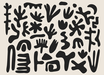 Abstract geometric shapes and icons. Brutal modern contemporary figure arch cloud vawe star oval spiral flower circle and other primitive elements. Swiss design aesthetic. Bauhaus memphis design.