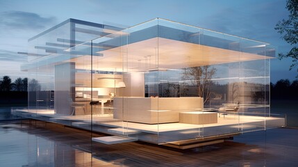 Modernist Glass House at Twilight