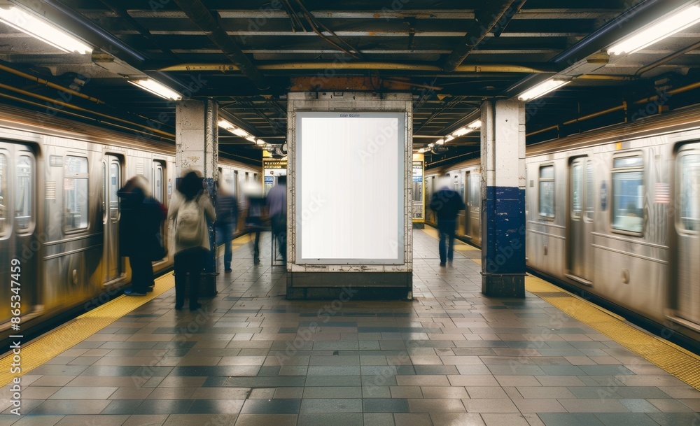 Sticker Realistic 3D render illustration of a mock-up media template displaying ads in subway station with a moving train in the background.