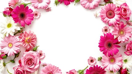 Fototapeta premium A circular flower frame made of roses and daisies surrounding a white space