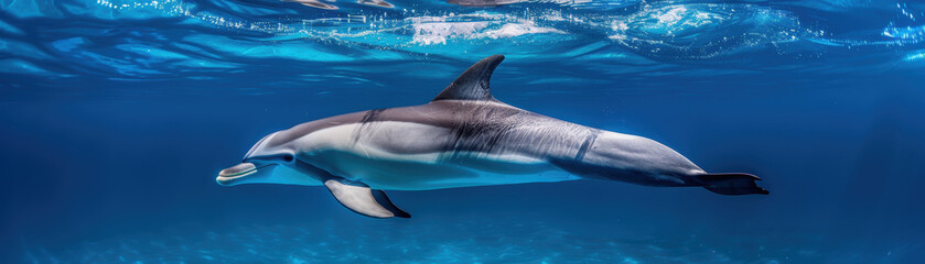 Fototapeta premium A marine biologist experiencing joy while swimming with dolphins during field research, Joy, Marine Biology Study