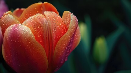 A close-up of a blooming tulip with dewdrops on its petals