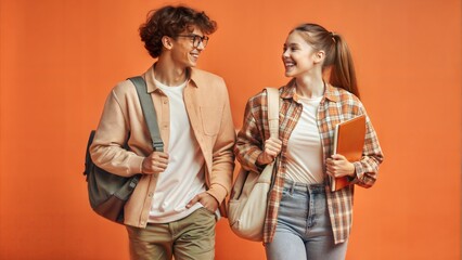 Fototapeta premium Two high school students walking together, carrying backpacks and chatting. 