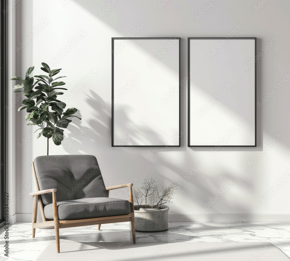 Poster this is a mockup of blank poster frames in a modern interior context with pampas grass and an empty 