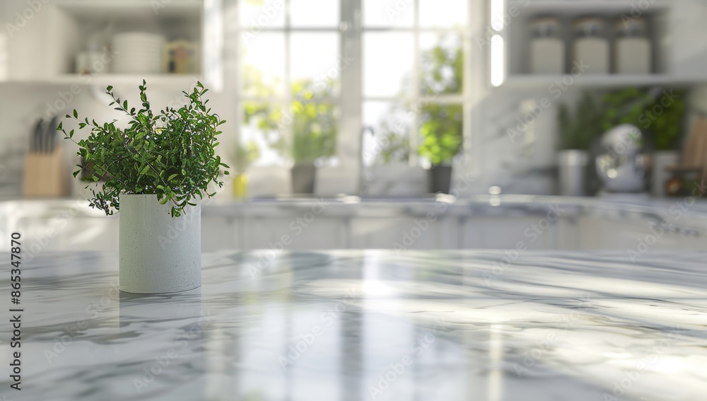 Poster background of kitchen interior with counter or table with marble or natural stone on top. there is a