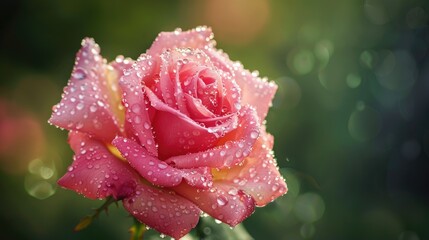 A close-up of dewy petals on a single blooming rose with a blurred green background
