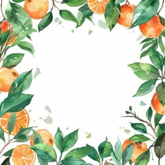 Fototapeta premium White background with watercolor square frame fruit orange branch.