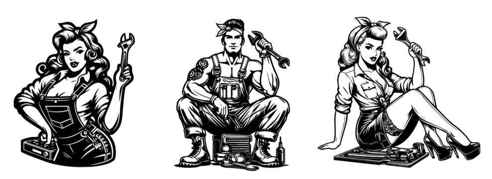 vintage pin-up girls working as mechanics artwork set vector graphics