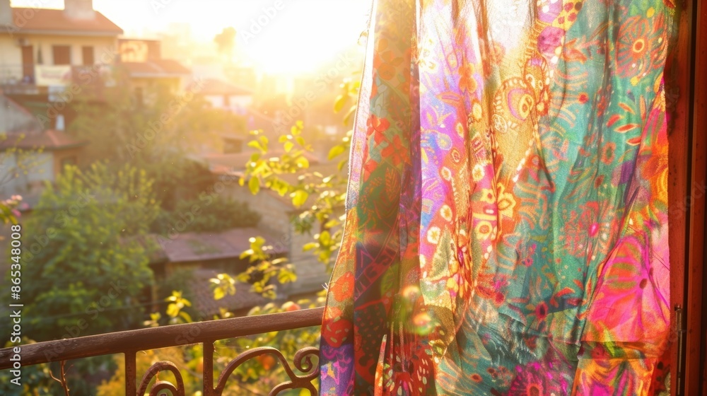 Aufkleber a colorful tapestry flutters in the strong gusts of wind creating a vibrant display on the balcony.