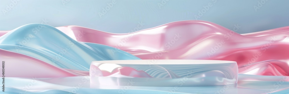 Poster rendering of a 3d product stage platform with a soft pastel background