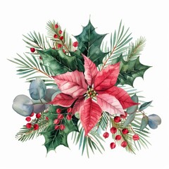 An elegant watercolor bouquet of wild eucalyptus, poinsettia, and fir branches.