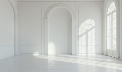The interior of a large house is dominated by a large wall and an arc door opening directly into another space. The style is minimal with a lot of empty space. 3D render illustration of the interior.