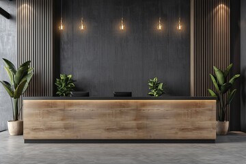 Office lobby with wooden reception desk and gray wall.