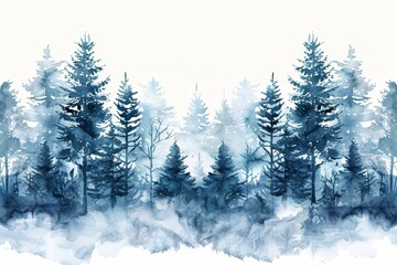 Fototapeta premium A watercolor of a modern winter night landscape with falling snow.