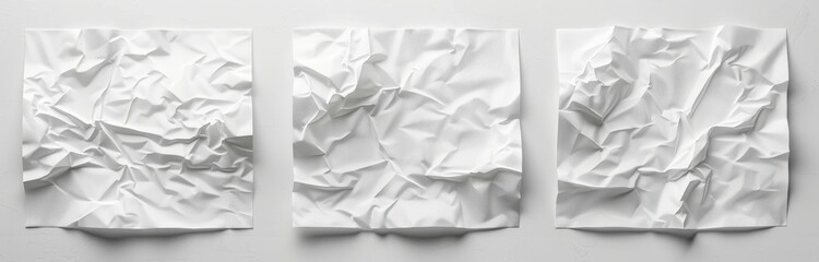 Obraz premium Wrinkled white paper poster template, blank glued creased paper mockup. White poster mockup on wall. Empty paper mockup.