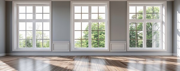 Fototapeta premium A 3D illustration of an empty vintage living room interior with big windows and wooden floor