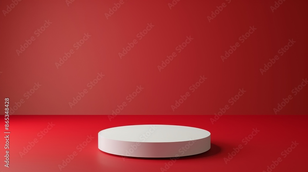 Poster display stand with white round top and red background. rendering in 3d.
